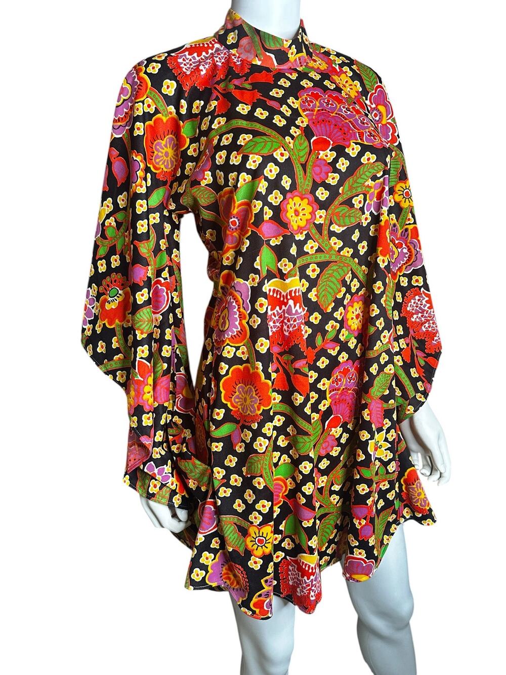 Custom 1970s Floral Patchwork Mini Caftan | High Neck Circle Sleeve Dress XS-L